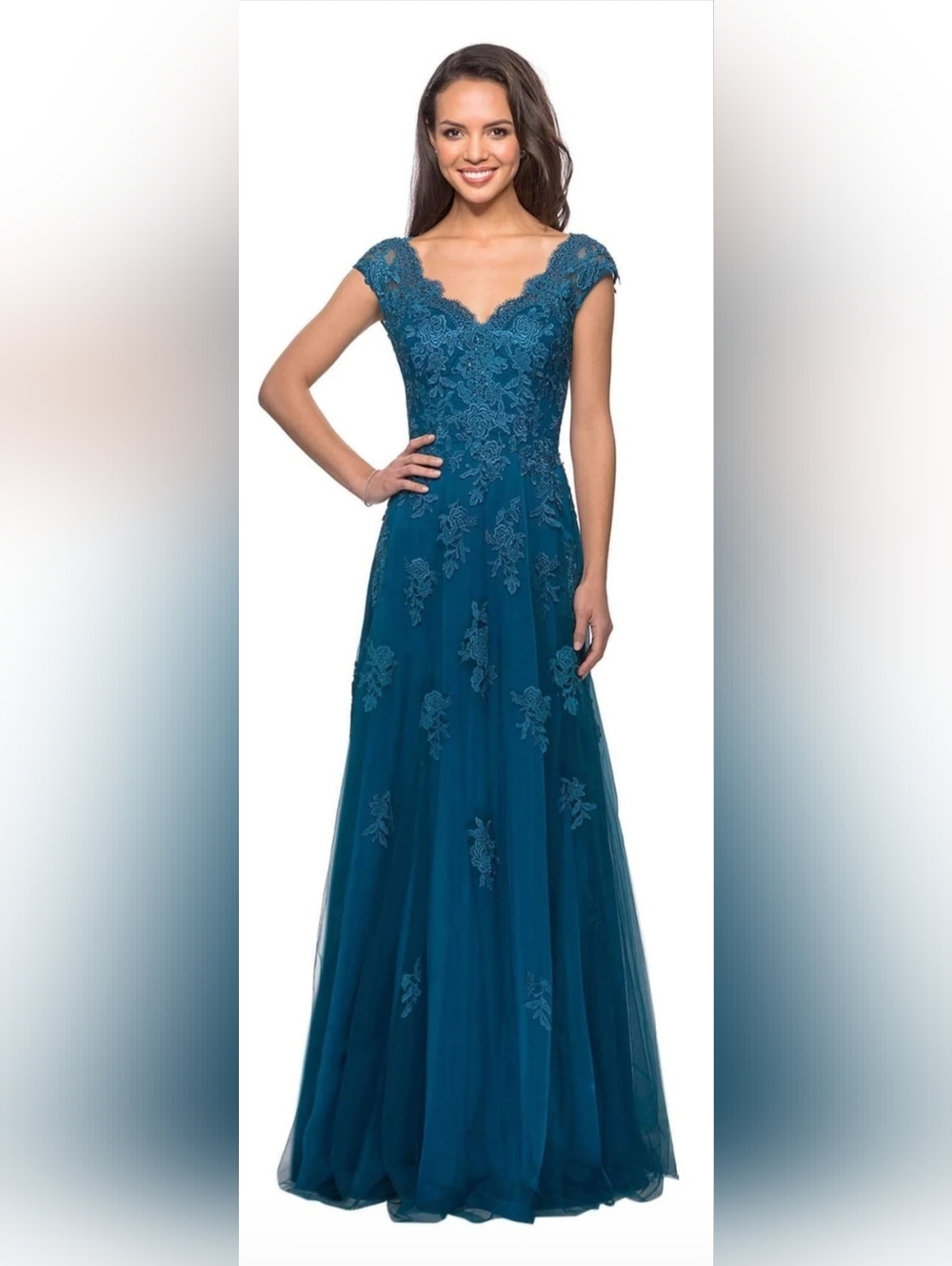 La Femme Teal Blue 26942 Embellished Tulle & Lace A-Line Gown Size 12 NWT Womans